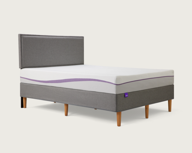 purple bed frame with mattress