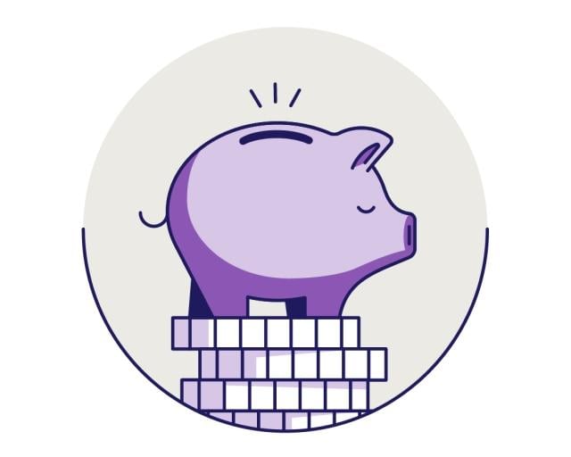 Illustration of a piggy bank on coins in shades of purple over a gray background.