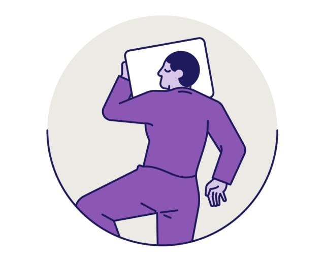 Illustration of man sleeping on stomach with a knee bent up in shades of purple over a gray background.