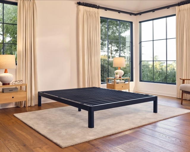 Purple Metal Platform base in a contemporary bedroom.