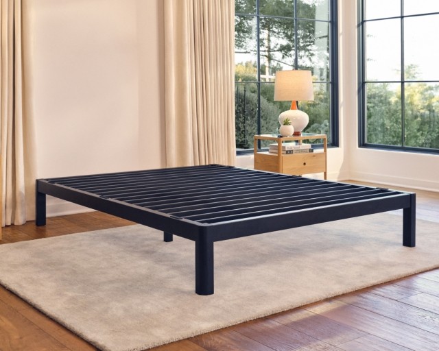 The Purple Metal Platform bed frame in a well-lit bedroom.