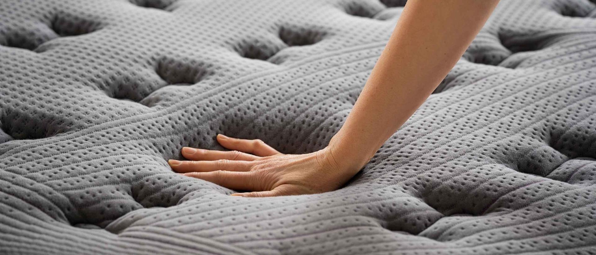 Hand pushing down on a grey Purple Rejuvenate latex mattress.