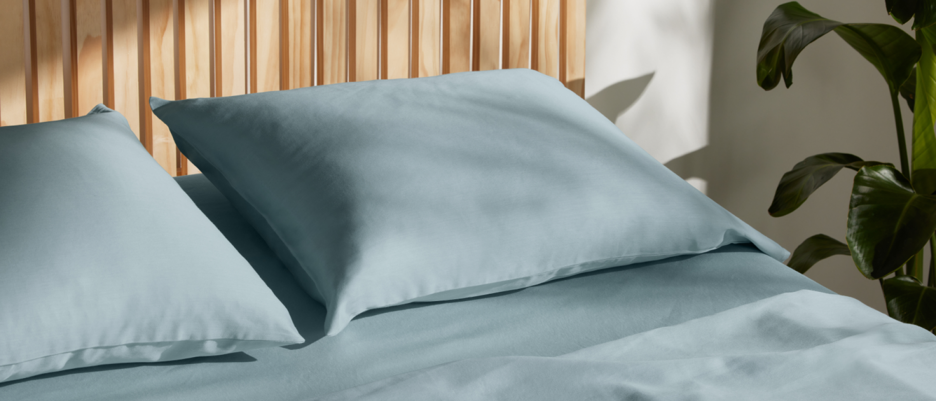 Two pillows on a bed with blue sheets and pillowcases
