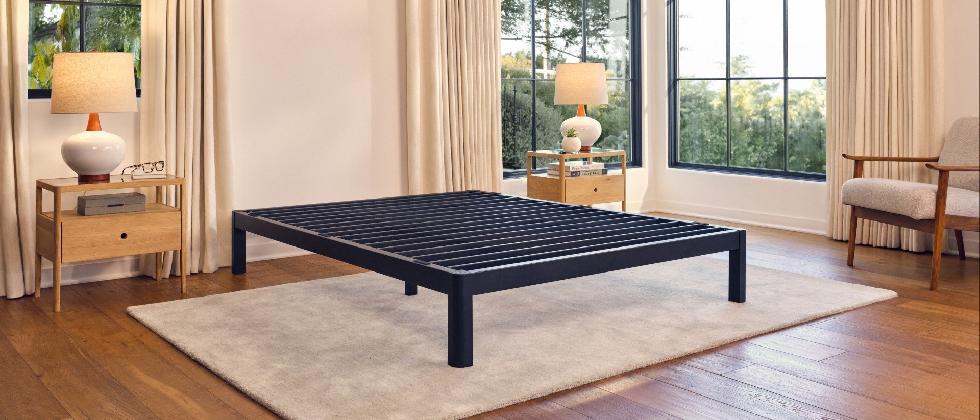 Purple Metal Platform base in a contemporary bedroom.