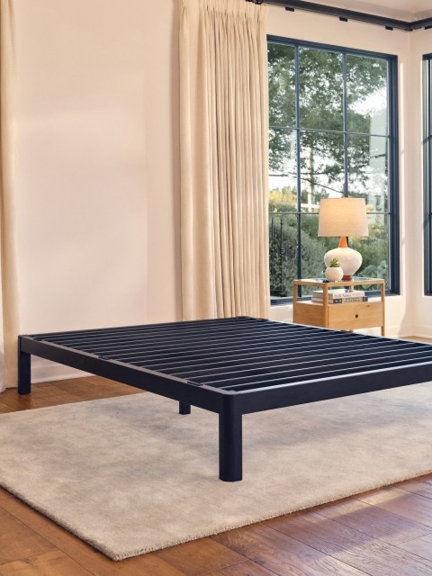 Purple Metal Platform base in a contemporary bedroom.