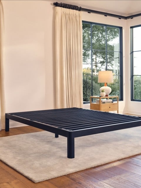 Purple Metal Platform base in a contemporary bedroom.