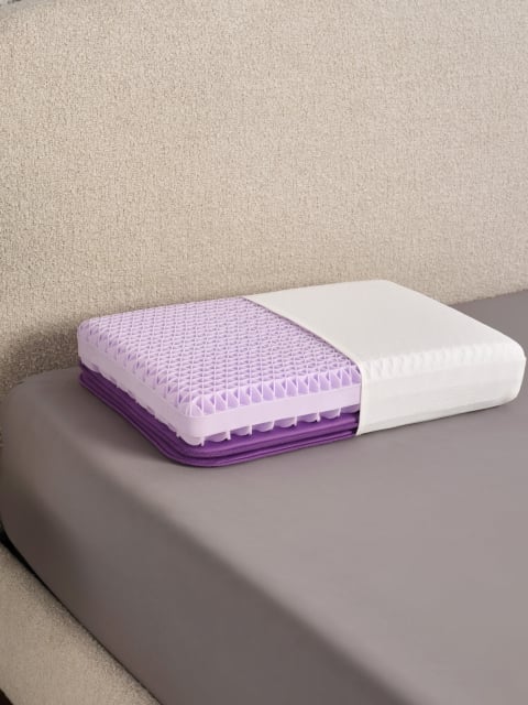 Purple pillow with exposed grid